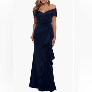 XSCAPE Off The Shoulder Scuba Knit Ruffle Gown Maxi Dress In Navy Blue Size 16